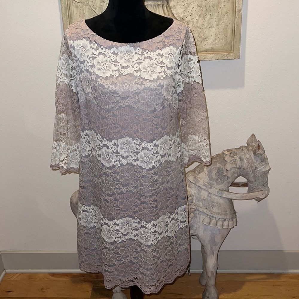 Jessica Howard lace shift dress tan / cream Sz 12